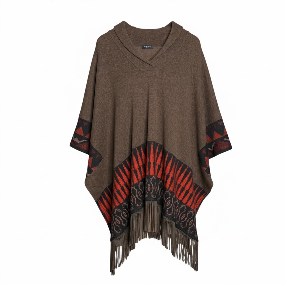 ETRO Milano RARE Brown Knit Printed Poncho Leather Fringe Wool Silk‎